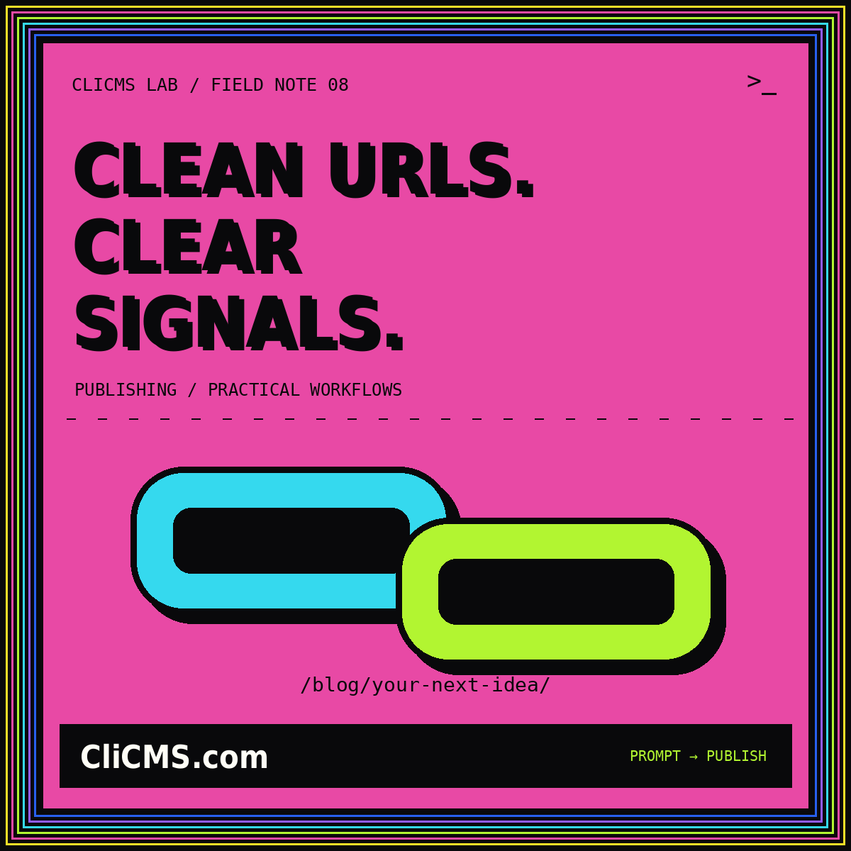 CLEAN URLS. CLEAR SIGNALS. — CliCMS.com links illustration with a neon pinstripe frame.