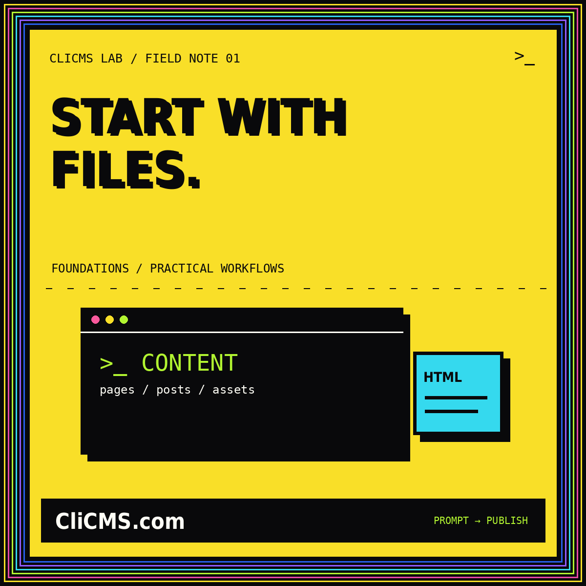 START WITH FILES. — CliCMS.com terminal illustration with a neon pinstripe frame.