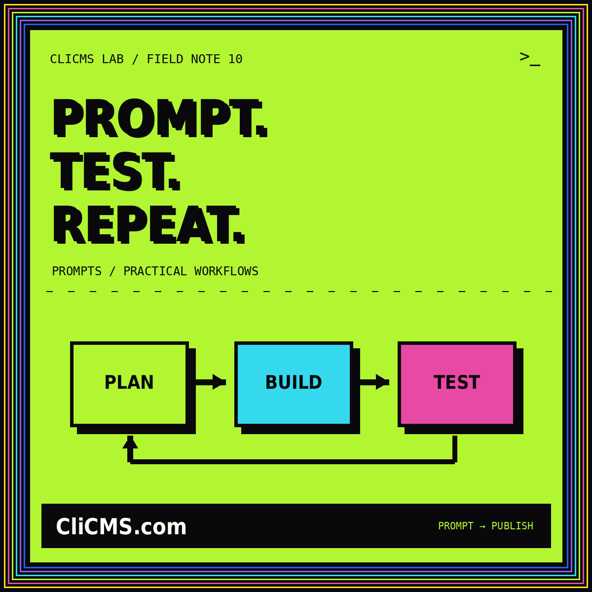 PROMPT. TEST. REPEAT. — CliCMS.com cycle illustration with a neon pinstripe frame.